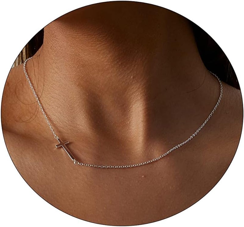 VIROMY Gold Cross Necklace for Women 14K Gold Plated Cute Sidways Cross Pendant Choker Necklaces Simple Trendy Everyday Jewelry for Women - Image 1